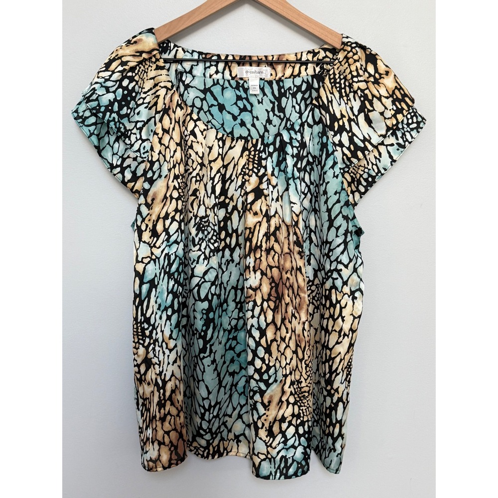 Dressbarn Woman's Blouse Abstract Print Turquoise Tan Flutter Sleeve Top Size 2X